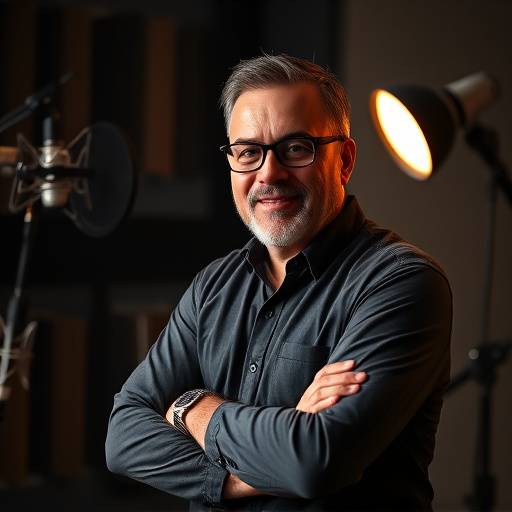 Foto de João Paulo Ferreira, fundador e coordenador de cursos da Visão Futura Mídia, em um ambiente de gravaäão.