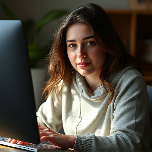 Foto de perfil de Carla Mendes, aluna da Visão Futura Mídia, trabalhando em um computador com software de ediäão.