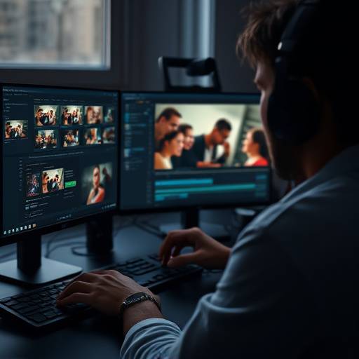 Imagem do curso de ediäão de vídeo mostrando uma pessoa editando um vídeo em um computador com um software profissional.