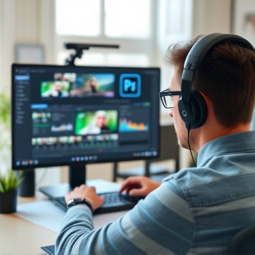 Imagem ilustrativa do curso de ediäão de vídeo com Adobe Premiere, mostrando uma pessoa trabalhando em um software de ediäão profissional.