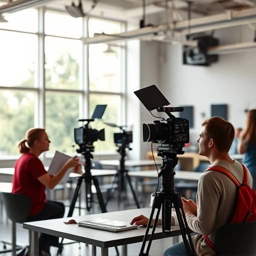 Interior da escola de mídia Visão Futura, mostrando alunos trabalhando em equipamentos de vídeo.